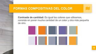 FORMAS COMPOSITIVAS DEL COLOR
Contraste de cantidad: Es igual los colores que utilicemos,
consiste en poner mucha cantidad de un color y otra más pequeña
de otro.
10
 