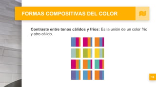 FORMAS COMPOSITIVAS DEL COLOR
Contraste entre tonos cálidos y fríos: Es la unión de un color frío
y otro cálido.
13
 