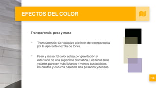EFECTOS DEL COLOR
Transparencia, peso y masa
▪ Transparencia: Se visualiza el efecto de transparencia
por la aparente mezcla de tonos.
▪ Peso y masa: El color actúa por gravitación y
extensión de una superficie cromática. Los tonos fríos
y claros parecen más livianos y menos sustanciales,
los cálidos y oscuros parecen más pesados y densos.
16
 