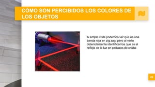 CÓMO SON PERCIBIDOS LOS COLORES DE
LOS OBJETOS
26
A simple vista podemos ver que es una
banda roja en zig zag, pero al verlo
detenidamente identificamos que es el
reflejo de la luz en pedazos de cristal
 