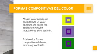 FORMAS COMPOSITIVAS DEL COLOR
Ningún color puede ser
considerado un valor
absoluto, de hecho los
colores se influyen
mutuamente si se acercan.
3
Existen dos formas
compositivas del color,
armonía y contraste.
 