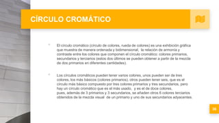CÍRCULO CROMÁTICO
▪ El círculo cromático (círculo de colores, rueda de colores) es una exhibición gráfica
que muestra de manera ordenada y bidimensional, la relación de armonía y
contraste entre los colores que componen el círculo cromático: colores primarios,
secundarios y terciarios (estos dos últimos se pueden obtener a partir de la mezcla
de dos primarios en diferentes cantidades).
▪ Los círculos cromáticos pueden tener varios colores, unos pueden ser de tres
colores, los más básicos (colores primarios), otros pueden tener seis, que es el
círculo más básico compuesto por tres colores primarios y tres secundarios, pero
hay un círculo cromático que es el más usado, y es el de doce colores,
pues, además de 3 primarios y 3 secundarios, se añaden otros 6 colores terciarios
obtenidos de la mezcla visual de un primario y uno de sus secundarios adyacentes.
36
 