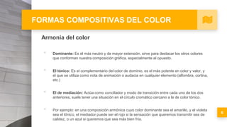 FORMAS COMPOSITIVAS DEL COLOR
Armonía del color
▪ Dominante: Es el más neutro y de mayor extensión, sirve para destacar los otros colores
que conforman nuestra composición gráfica, especialmente al opuesto.
▪ El tónico: Es el complementario del color de dominio, es el más potente en color y valor, y
el que se utiliza como nota de animación o audacia en cualquier elemento (alfombra, cortina,
etc.)
▪ El de mediación: Actúa como conciliador y modo de transición entre cada uno de los dos
anteriores, suele tener una situación en el círculo cromático cercano a la de color tónico.
▪ Por ejemplo: en una composición armónica cuyo color dominante sea el amarillo, y el violeta
sea el tónico, el mediador puede ser el rojo si la sensación que queremos transmitir sea de
calidez, o un azul si queremos que sea más bien fría.
6
 