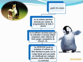 ¿QUÉ ES LINUX?
es un sistema operativo
diseñado por cientos de
programadores de todo el
planeta
es el software necesario para que
tu ordenador te permita utilizar
programas como: editores de
texto, juegos, navegadores de
Internet, etc.
Su OBJETIVO inicial es
propulsar el software de
libre distribución junto con su
código fuente para que pueda
ser modificado por cualquier
persona, dando rienda suelta a
la creatividad
CONTENIDOS
 