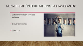 LA INVESTIGACIÓN CORRELACIONAL SE CLASIFICAN EN:
• Determinar relación entre dos
variables.
• Evaluar consistencia
• predicción
 