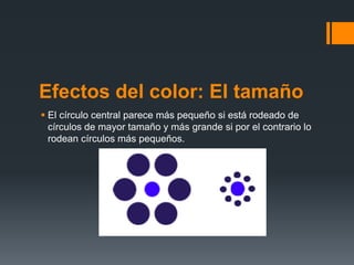 Efectos del color: El tamaño
 El círculo central parece más pequeño si está rodeado de
círculos de mayor tamaño y más grande si por el contrario lo
rodean círculos más pequeños.
 