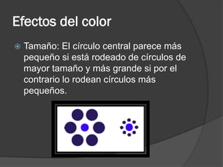 Efectos del color
 Tamaño: El círculo central parece más
pequeño si está rodeado de círculos de
mayor tamaño y más grande si por el
contrario lo rodean círculos más
pequeños.
 