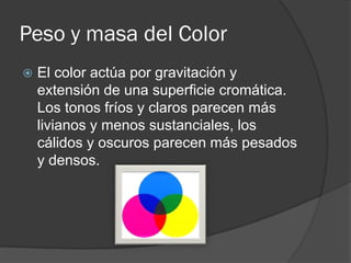 Peso y masa del Color
 El color actúa por gravitación y
extensión de una superficie cromática.
Los tonos fríos y claros parecen más
livianos y menos sustanciales, los
cálidos y oscuros parecen más pesados
y densos.
 