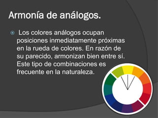 Armonía de análogos.
 Los colores análogos ocupan
posiciones inmediatamente próximas
en la rueda de colores. En razón de
su parecido, armonizan bien entre sí.
Este tipo de combinaciones es
frecuente en la naturaleza.
 