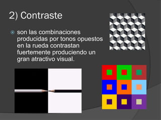 2) Contraste
 son las combinaciones
producidas por tonos opuestos
en la rueda contrastan
fuertemente produciendo un
gran atractivo visual.
 