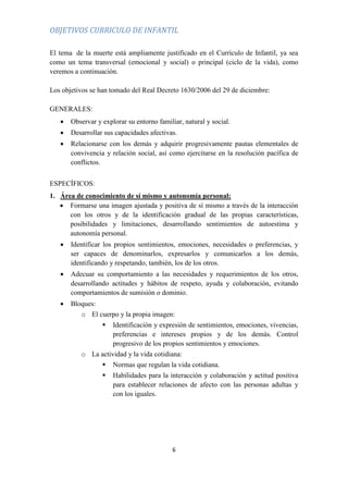 6
OBJETIVOS CURRICULO DE INFANTIL
El tema de la muerte está ampliamente justificado en el Currículo de Infantil, ya sea
como un tema transversal (emocional y social) o principal (ciclo de la vida), como
veremos a continuación.
Los objetivos se han tomado del Real Decreto 1630/2006 del 29 de diciembre:
GENERALES:
 Observar y explorar su entorno familiar, natural y social.
 Desarrollar sus capacidades afectivas.
 Relacionarse con los demás y adquirir progresivamente pautas elementales de
convivencia y relación social, así como ejercitarse en la resolución pacífica de
conflictos.
ESPECÍFICOS:
1. Área de conocimiento de sí mismo y autonomía personal:
 Formarse una imagen ajustada y positiva de sí mismo a través de la interacción
con los otros y de la identificación gradual de las propias características,
posibilidades y limitaciones, desarrollando sentimientos de autoestima y
autonomía personal.
 Identificar los propios sentimientos, emociones, necesidades o preferencias, y
ser capaces de denominarlos, expresarlos y comunicarlos a los demás,
identificando y respetando, también, los de los otros.
 Adecuar su comportamiento a las necesidades y requerimientos de los otros,
desarrollando actitudes y hábitos de respeto, ayuda y colaboración, evitando
comportamientos de sumisión o dominio.
 Bloques:
o El cuerpo y la propia imagen:
 Identificación y expresión de sentimientos, emociones, vivencias,
preferencias e intereses propios y de los demás. Control
progresivo de los propios sentimientos y emociones.
o La actividad y la vida cotidiana:
 Normas que regulan la vida cotidiana.
 Habilidades para la interacción y colaboración y actitud positiva
para establecer relaciones de afecto con las personas adultas y
con los iguales.
 