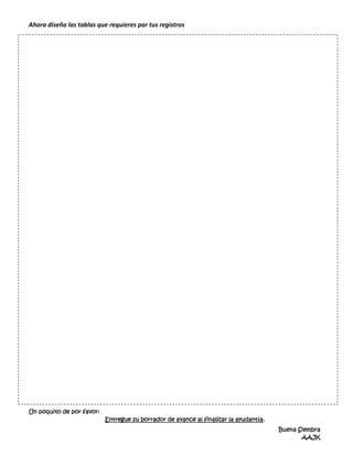 Ahora diseña las tablas que requieres par tus registros




Un poquito de por favor:
                           Entregue su borrador de avance al finalizar la ayudantía.
                                                                                       Buena Siembra
                                                                                              AAJK
 