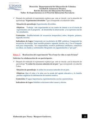 Dirección Departamental de Educación de Cabañas.
Unidad de Asistencia Técnica.
Red de docentes de Educación Parvularia.
Taller II. Experimentos en el Nivel de Educación Parvularia
Elaborado por: Nancy Margaret Gutiérrez. 13
 Después de realizado el experimento explicar que este se vincula con la situación de
aprendizaje “Experimentos divertidos ” que corresponde a la edad de 6 años.
Situación de aprendizaje: Experimentos divertidos.
Objetivos: Trabajar éste experimento en un centro de interés o en el rincón de
experimentos con el propósito de desarrollar la observación y la expresión oral de
los estudiantes.
Contenidos: Establecimiento de secuencias temporales.( antes, después, primero,
segundo, tercero)
Indicadores de Logro: Comprende un vocabulario de 2000 palabras. Comprende las
secuencias de tiempo (qué sucedió primero, segundo, tercero, etc.). Usa el lenguaje
oral para comprender, ser comprendido, resolver problemas cotidianos, comunicar
sus ideas, sus dudas y sentimientos. Responde con argumentación a “por qué”.
RActv 7. Realización del experimento” En el mar la vida es más liviana”
Solicitar la colaboración de un participante .
 Después de realizado el experimento explicar que este se vincula con la situación de
aprendizaje “A cuidar los recursos naturales de mi país ” que corresponde a la edad de
5 años.
Situación de aprendizaje: A cuidar los recursos naturales de mi país.
Objetivos: Que el niño y la niña con la ayuda del agente educativo y la familia
puedan: organizar la información de manera creativa.
Contenidos: El agua: importancia, experimentación con las características.
Indicadores de Logro: Establece relaciones entre causas y efectos.
 