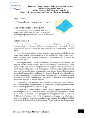 Dirección Departamental de Educación de Cabañas.
Unidad de Asistencia Técnica.
Red de docentes de Educación Parvularia.
Taller II. Experimentos en el Nivel de Educación Parvularia
Elaborado por: Nancy Margaret Gutiérrez. 21
 