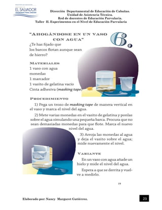 Dirección Departamental de Educación de Cabañas.
Unidad de Asistencia Técnica.
Red de docentes de Educación Parvularia.
Taller II. Experimentos en el Nivel de Educación Parvularia
Elaborado por: Nancy Margaret Gutiérrez. 23
 