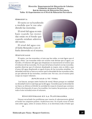Dirección Departamental de Educación de Cabañas.
Unidad de Asistencia Técnica.
Red de docentes de Educación Parvularia.
Taller II. Experimentos en el Nivel de Educación Parvularia
Elaborado por: Nancy Margaret Gutiérrez. 24
 