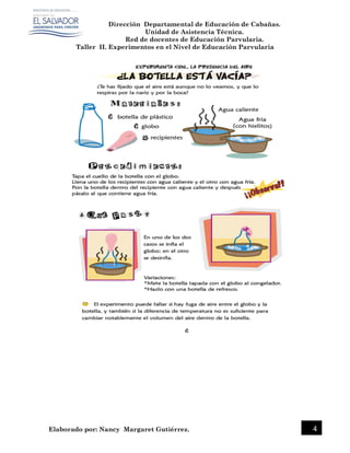 Dirección Departamental de Educación de Cabañas.
Unidad de Asistencia Técnica.
Red de docentes de Educación Parvularia.
Taller II. Experimentos en el Nivel de Educación Parvularia
Elaborado por: Nancy Margaret Gutiérrez. 4
 