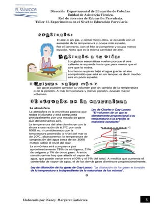 Dirección Departamental de Educación de Cabañas.
Unidad de Asistencia Técnica.
Red de docentes de Educación Parvularia.
Taller II. Experimentos en el Nivel de Educación Parvularia
Elaborado por: Nancy Margaret Gutiérrez. 5
 