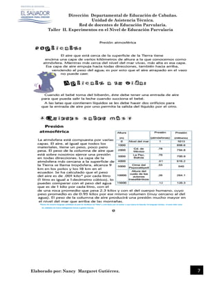 Dirección Departamental de Educación de Cabañas.
Unidad de Asistencia Técnica.
Red de docentes de Educación Parvularia.
Taller II. Experimentos en el Nivel de Educación Parvularia
Elaborado por: Nancy Margaret Gutiérrez. 7
 