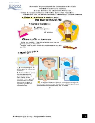 Dirección Departamental de Educación de Cabañas.
Unidad de Asistencia Técnica.
Red de docentes de Educación Parvularia.
Taller II. Experimentos en el Nivel de Educación Parvularia
Elaborado por: Nancy Margaret Gutiérrez. 9
 