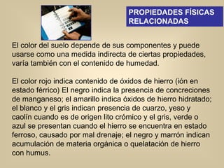 El color del suelo depende de sus componentes y puede
usarse como una medida indirecta de ciertas propiedades,
varía también con el contenido de humedad.
El color rojo indica contenido de óxidos de hierro (ión en
estado férrico) El negro indica la presencia de concreciones
de manganeso; el amarillo indica óxidos de hierro hidratado;
el blanco y el gris indican presencia de cuarzo, yeso y
caolín cuando es de origen lito crómico y el gris, verde o
azul se presentan cuando el hierro se encuentra en estado
ferroso, causado por mal drenaje; el negro y marrón indican
acumulación de materia orgánica o quelatación de hierro
con humus.
PROPIEDADES FÍSICAS
RELACIONADAS
 