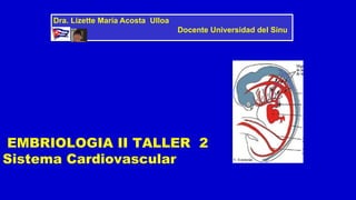 EMBRIOLOGIA II TALLER 2
Sistema Cardiovascular
Dra. Lizette María Acosta Ulloa
Docente Universidad del Sinu
 
