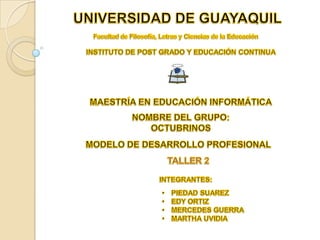 UNIVERSIDAD DE GUAYAQUIL Facultad de Filosofía, Letras y Ciencias de la Educación INSTITUTO DE POST GRADO Y EDUCACIÓN CONTINUA MAESTRÍA EN EDUCACIÓN INFORMÁTICA NOMBRE DEL GRUPO:  OCTUBRINOS MODELO DE DESARROLLO PROFESIONAL TALLER 2 INTEGRANTES:  ,[object Object]
