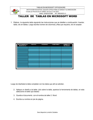 TALLER DE TABLAS EN MICROSOFT WORD
1. Elabore la siguiente tabla siguiendo las instrucciones que se detallan a continuación: Insertar,
tabla, clic en tablas. Luego escriba número de columnas y filas que requiera, clic en aceptar.
Luego de diseñada la debe completar con los datos que allí se solicitan.
2. Aplique un diseño a la tabla. (clic sobre la tabla, aparece la herramienta de tablas, en esta
seleccione el estilo que desee)
3. Guarde el documento con el nombre de taller 2 Word
4. Escriba su nombre en pie de página.
Sara Alejandra Londoño Ceballos
TABLAS EN MICROSOFT OFFICEWORD
INSTITUCIÓN EDUCATIVA COLEGIO LOYOLA PARA LA CIENCIA Y LA INNOVACIÓN
Creada por Resolución N° 00003 de Enero 5 de 2010.
DANE: 105001025984 NIT: 900339251-3