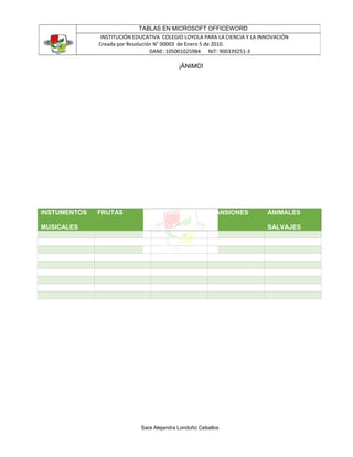 ¡ÁNIMO!
INSTUMENTOS
MUSICALES
FRUTAS CIUDADES CANSIONES ANIMALES
SALVAJES
Sara Alejandra Londoño Ceballos
TABLAS EN MICROSOFT OFFICEWORD
INSTITUCIÓN EDUCATIVA COLEGIO LOYOLA PARA LA CIENCIA Y LA INNOVACIÓN
Creada por Resolución N° 00003 de Enero 5 de 2010.
DANE: 105001025984 NIT: 900339251-3