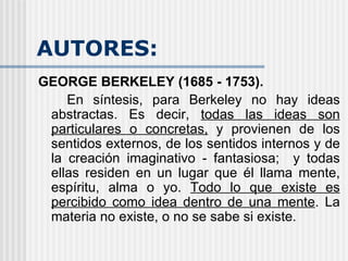 AUTORES: GEORGE BERKELEY (1685 - 1753).  En síntesis, para Berkeley no hay ideas abstractas. Es decir,  todas las ideas son particulares o concretas,  y provienen de los sentidos externos, de los sentidos internos y de la creación imaginativo - fantasiosa;  y todas ellas residen en un lugar que él llama mente, espíritu, alma o yo.  Todo lo que existe es percibido como idea dentro de una mente . La materia no existe, o no se sabe si existe. 