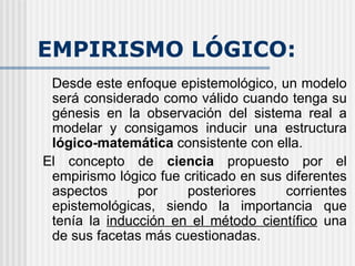 EMPIRISMO LÓGICO: Desde este enfoque epistemológico, un modelo será considerado como válido cuando tenga su génesis en la observación del sistema real a modelar y consigamos inducir una estructura  lógico-matemática  consistente con ella.   El concepto de  ciencia  propuesto por el empirismo lógico fue criticado en sus diferentes aspectos por posteriores corrientes epistemológicas, siendo la importancia que tenía la  inducción en el método científico  una de sus facetas más cuestionadas. 