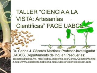 TALLER “CIENCIA A LA VISTA: Artesanías Científicas” PACE UABCS Dr. Carlos J. Cáceres Martínez Profesor-Investigador UABCS, Departamento de Ing. en Pesquerías: ccaceres@uabcs.mx, http://uabcs.academia.edu/CarlosJCaceresMartinez, http://www.slideshare.net/pteria, http://tallerartecienti.blogspot.com 