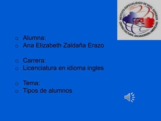 o Alumna:
o Ana Elizabeth Zaldaña Erazo

o Carrera:
o Licenciatura en idioma ingles

o Tema:
o Tipos de alumnos
 
