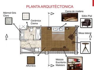 PLANTA ARQUITÉCTONICA
                                         Cama de madera
Mármol Gris




                            A
Claro                                                Sillón Piel

                 Cerámica
                 Crema



                                                   Mesa lateral

  B                                                          B




                                Módulo
                                Escritorio-
                                Maletero
                            A




              Alfombra
 