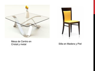 Mesa de Centro en
Cristal y metal     Silla en Madera y Piel
 