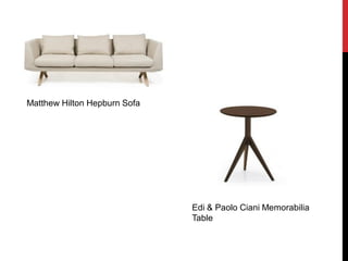 Matthew Hilton Hepburn Sofa




                              Edi & Paolo Ciani Memorabilia
                              Table
 