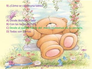 CARMEN ELENA SIERRA CABALLERO
9) ¿Cómo se cierra una tabla?
A) Desde Archivo > Salir
B) Con las teclas ALT+F4
C) Desde al opción cerrar del menú contextual de su pestaña.
D) Todas son ciertas
 
