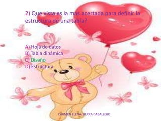 CARMEN ELENA SIERRA CABALLERO
2) Que vista es la mas acertada para definir la
estructura de una tabla?
A) Hoja de datos
B) Tabla dinámica
C) Diseño
D) Estructura
 