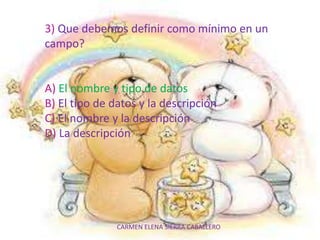CARMEN ELENA SIERRA CABALLERO
3) Que debemos definir como mínimo en un
campo?
A) El nombre y tipo de datos
B) El tipo de datos y la descripción
C) El nombre y la descripción
D) La descripción
 