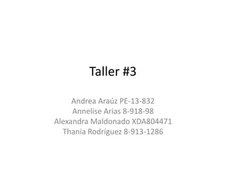 Taller #3
Andrea Araúz PE-13-832
Annelise Arias 8-918-98
Alexandra Maldonado XDA804471
Thania Rodríguez 8-913-1286
 