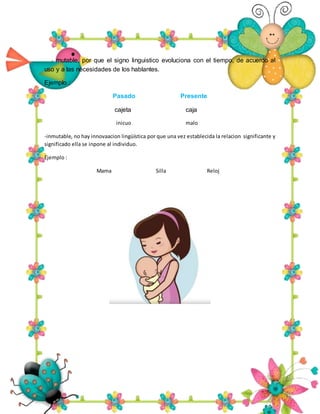 - mutable, por que el signo linguistico evoluciona con el tiempo, de acuerdo al
uso y a las necesidades de los hablantes.
Ejemplo :
Pasado Presente
cajeta caja
inicuo malo
-inmutable, no hay innovaacion lingüística por que una vez establecida la relacion significante y
significado ella se inpone al individuo.
Ejemplo :
Mama Silla Reloj
 