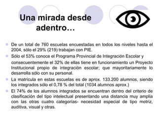 Una mirada desde 
adentro… 
 De un total de 760 escuelas encuestadas en todos los niveles hasta el 
2004, sólo el 29% (219) trabajan con PIE. 
 Sólo el 53% conoce el Programa Provincial de Integración Escolar y 
consecuentemente el 32% de ellas tiene en funcionamiento un Proyecto 
Institucional propio de integración escolar; que mayoritariamente lo 
desarrolla sólo con su personal. 
 La matrícula en estas escuelas es de aprox. 133.200 alumnos, siendo 
los integrados sólo el 0,78 % del total (1034 alumnos aprox.) 
 El 74% de los alumnos integrados se encuentran dentro del criterio de 
clasificación del tipo intelectual presentando una distancia muy amplia 
con las otras cuatro categorías- necesidad especial de tipo motriz, 
auditiva, visual y otras. 
 