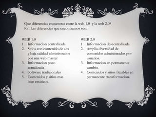 Que diferencias encuentras entre la web 1.0 y la web 2.0?
R/. Las diferencias que encontramos son:
WEB 1.0
1. Informacion centralizada
2. Sitios con contenido de alta
y baja calidad administrados
por una web master
3. Informacion poco
actualizada
4. Software tradicionales
5. Contenidos y sitios mas
bien estáticos.
WEB 2.0
1. Informacion descentralizada.
2. Amplia diversidad de
contenidos administrados por
usuarios.
3. Informacion en permanente
cambio.
4. Contenidos y sitios flexibles en
permanente transformacion.
 