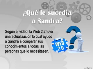 ¿Qué le sucedía
a Sandra?
Según el video, la Web 2.2 tuvo
una actualización lo cual ayudó
a Sandra a compartir sus
conocimientos a todas las
personas que lo necesitasen.
 
