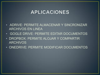 • ADRIVE: PERMITE ALMACENAR Y SINCRONIZAR
ARCHIVOS EN LINEA
• GOGLE DRIVE: PERMITE EDITAR DOCUMENTOS
• DROPBOX: PERMITE ALOJAR Y COMPARTIR
ARCHIVOS
• ONEDRIVE: PERMITE MODIFICAR DOCUMENTOS
 