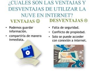 ¿CUALES SON LAS VENTAJAS Y
DESVENTAJAS DE UTILIZAR LA
NUVE EN INTERNET?
VENTAJAS 
• Podemos guardar
información.
• compartirla de manera
inmediata.
DESVENTAJAS 
• Falta de seguridad.
• Conflicto de propiedad.
• Solo se puede acceder
con conexión a internet.
 