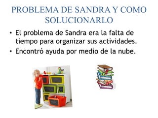 PROBLEMA DE SANDRA Y COMO
SOLUCIONARLO
• El problema de Sandra era la falta de
tiempo para organizar sus actividades.
• Encontró ayuda por medio de la nube.
 