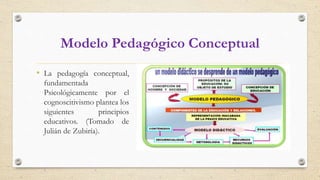 Modelo Pedagógico Conceptual
• La pedagogía conceptual,
fundamentada
Psicológicamente por el
cognoscitivismo plantea los
siguientes principios
educativos. (Tomado de
Julián de Zubiría).
 