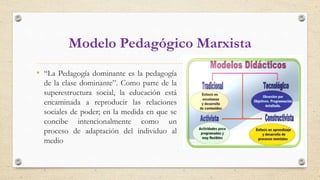 Modelo Pedagógico Marxista
• “La Pedagogía dominante es la pedagogía
de la clase dominante”. Como parte de la
superestructura social, la educación está
encaminada a reproducir las relaciones
sociales de poder; en la medida en que se
concibe intencionalmente como un
proceso de adaptación del individuo al
medio
 