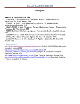 TALLER 3 ANDRES HEREDIA
Bibliografía:
ANALITICA. UNAD. BOGOTA 2006
• JOHNSON, L. Murphy,y Arnold R. Steffensen. Algebra y ...